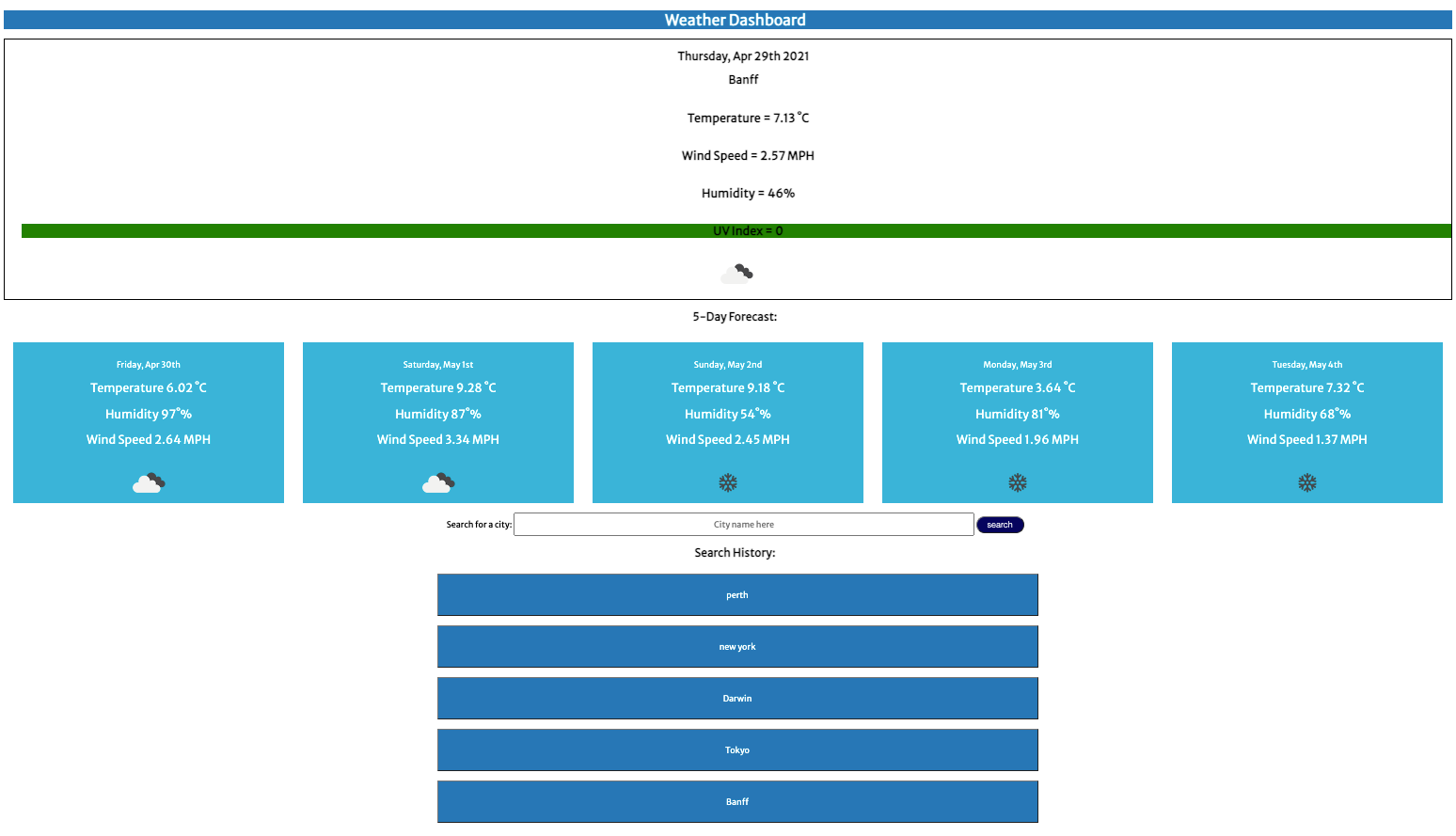 Screen shot of Weather Dashboard application. Current forecast and five day forecast of Perth